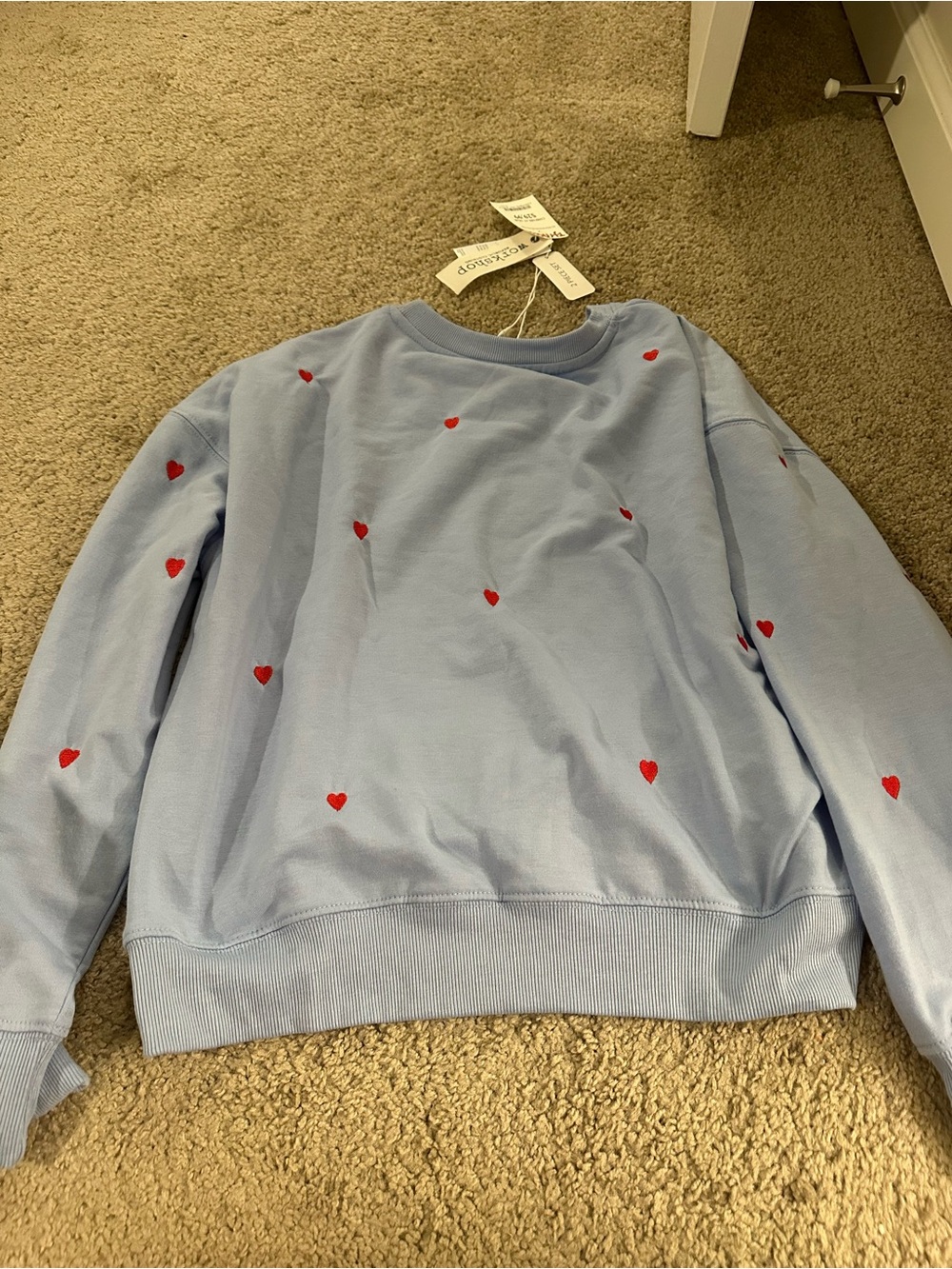 Workshop Republic Clothing Light Blue Crewneck with Red Heart Motif